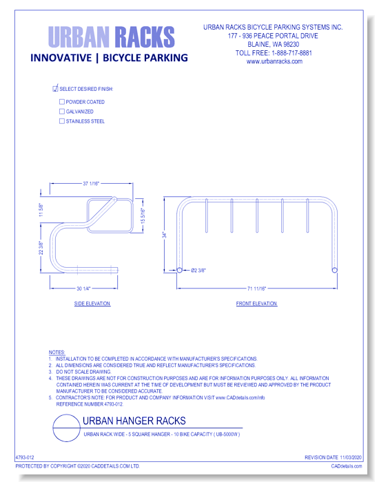Urban Hanger Racks: Urban Rack Wide - 5 Square Hanger - 10 Bike Capacity ( UB-5000W )