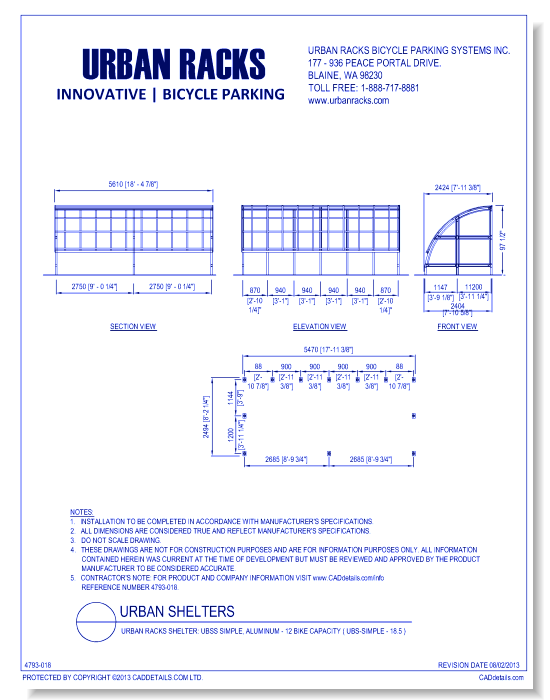 Urban Racks Shelter: UBSS Simple, Anodized Aluminum - 12 Bike Capacity ( UBS-OpenShelter-18.5 )