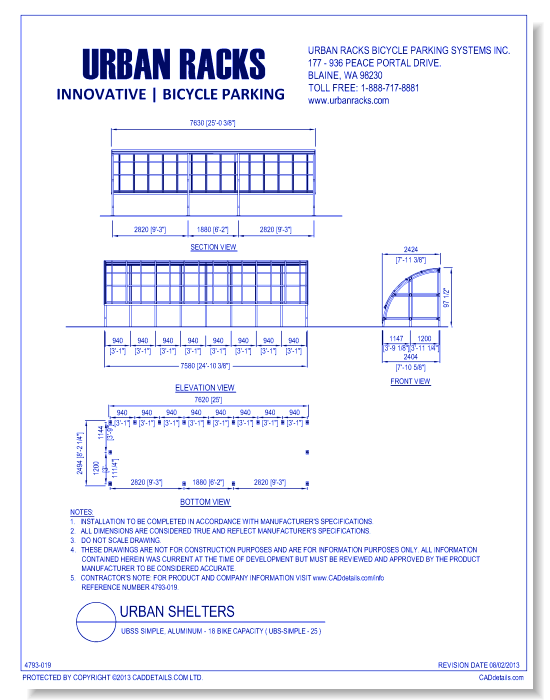 Urban Racks Shelter: UBSS Simple, Anodized Aluminum - 18 Bike Capacity ( UBS-OpenShelter-25 )