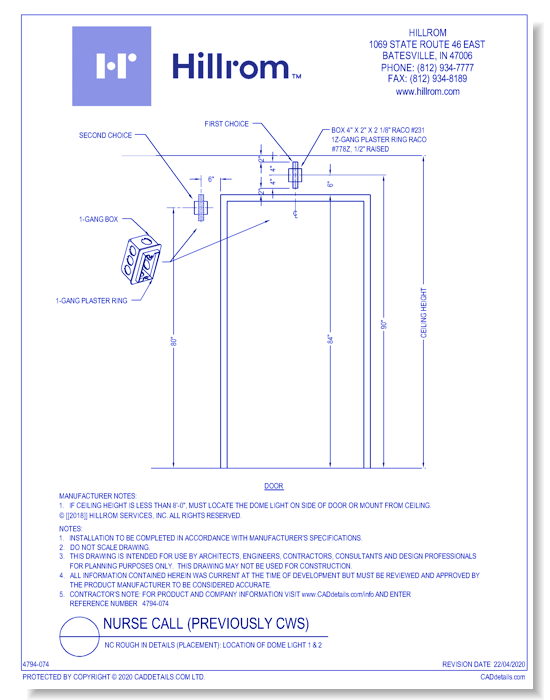 NC Rough In Details (Placement): Location of Dome Light 1 & 2