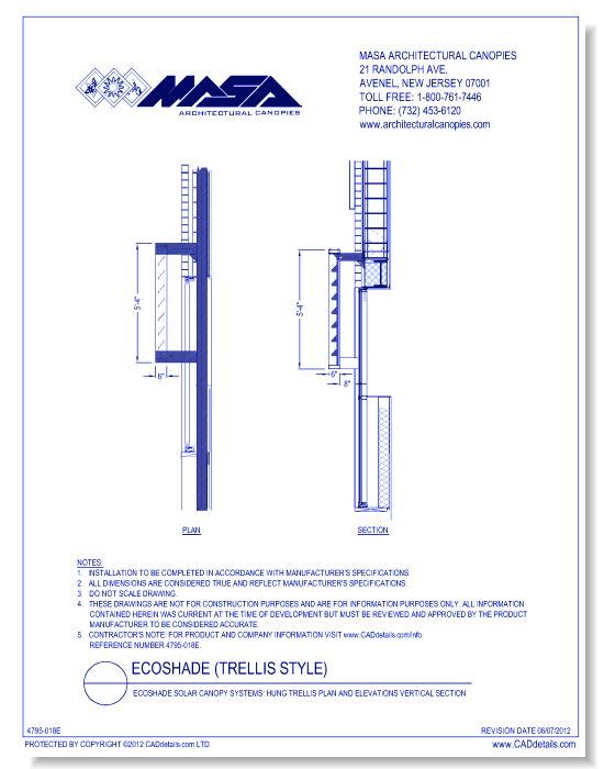 Ecoshade Solar Canopy Systems: Hung Trellis Plan and Elevations Vertical Section