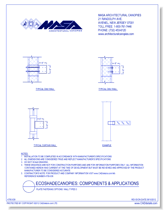 Plate Fastening Options, Wall Types: Typical CMU Wall & Typical Curtain Wall