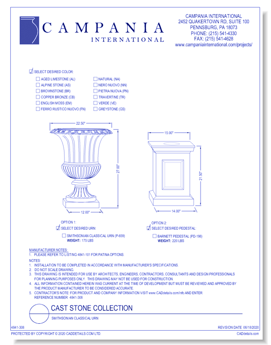 Cast Stone Collection: Smithsonian Classical Urn