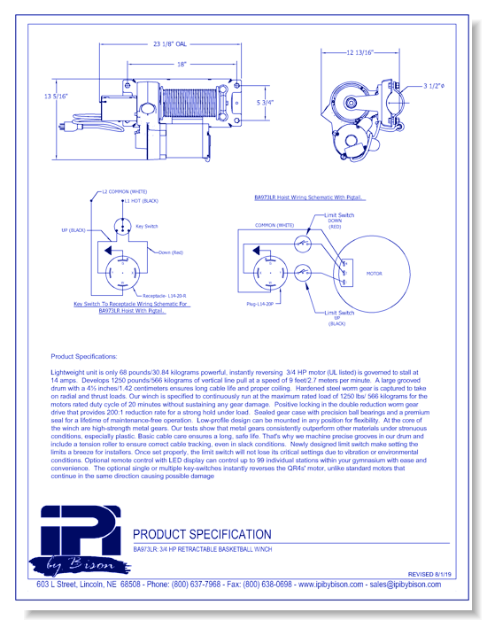 BA973LR: Electric Backstop Winch, 3/4 HP