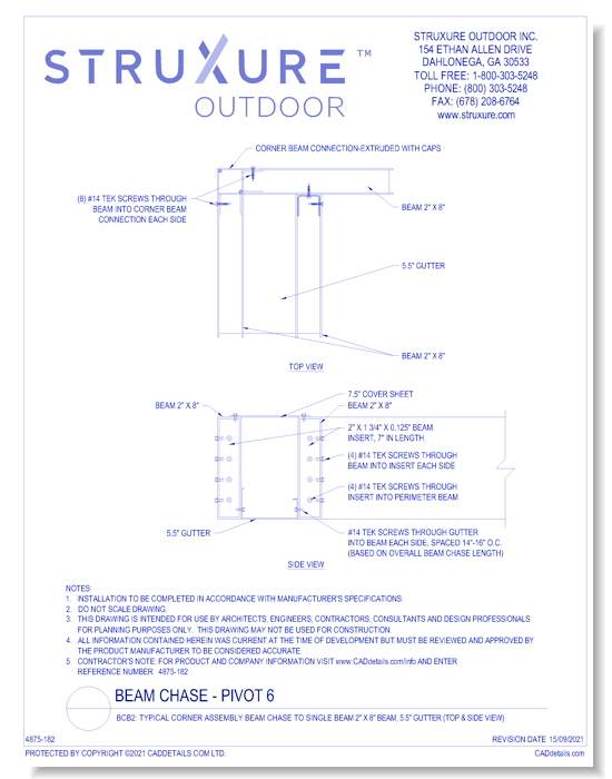 BCB2: Typical Corner Assembly Beam Chase To Single Beam 2" X 8" Beam, 5.5" Gutter (Top & Side View)