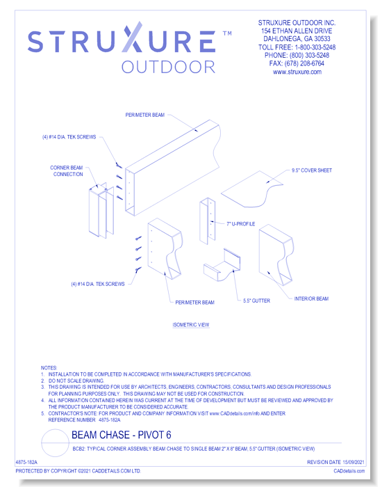 BCB2: Typical Corner Assembly Beam Chase To Single Beam 2" X 8" Beam, 5.5" Gutter (Isometric View)