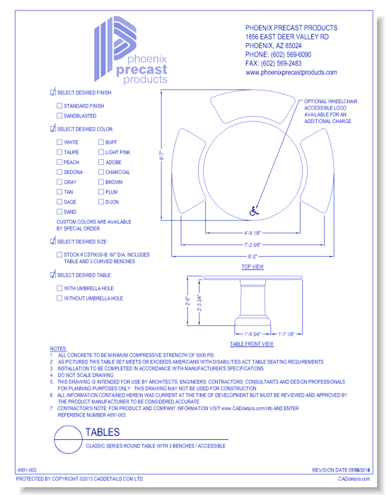 CST6030B: Classic Series Round Table with 3 Benches / Accessible