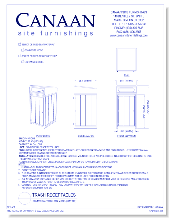 Receptacle: Commercial Trash Can, Model ( CAY 140 )
