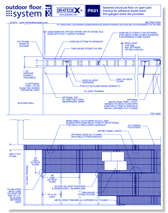 GRATEDEX®: PK01–fastened structural floor on open joist framing for trowel bond thin-gauged stone tile