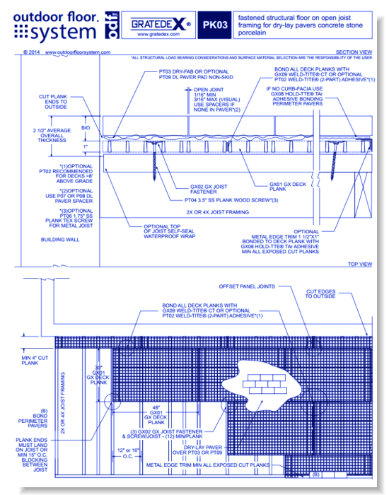 GRATEDEX®: PK03–fastened structural floor on open joist framing for dry-lay pavers