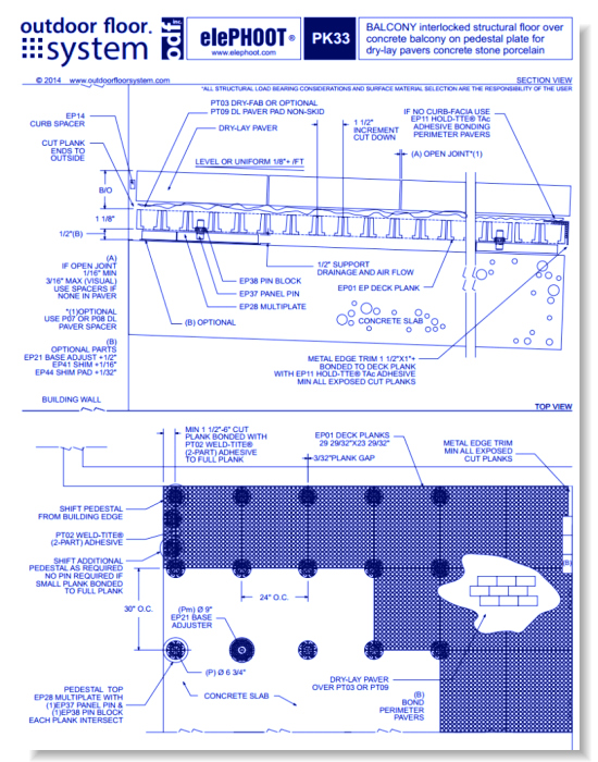 elePHOOT®: PK33–interlocked structural floor over bearing surface on pedestal plate for dry-lay pavers