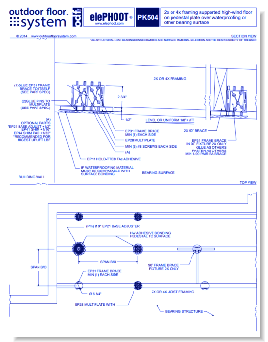 elePHOOT®: PK50–2x or 4x framing supported on fixed height pedestal plate over waterproofing