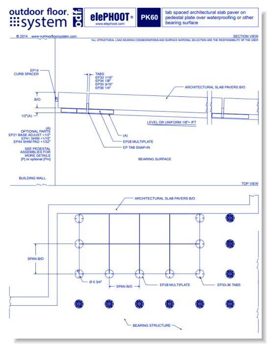 elePHOOT®: PK60–tab spaced architectural slab paver on fixed height pedestal plate over rigid bearing