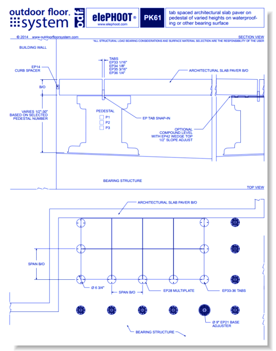 elePHOOT®: PK61–tab spaced architectural slab paver on 5"-24" high with max level screw adjust riser pipe pedestal on rigid bearing