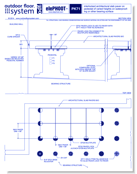 elePHOOT®: PK71–interlocked architectural slab paver on 5"-24" high with max level screw adjust riser pipe pedestal over rigid bearing
