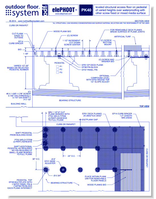 elePHOOT®: PK40-1/2"-24"– high leveled structural access floor on pedestal of varied heights over waterproofing with other screw fixed surface finish