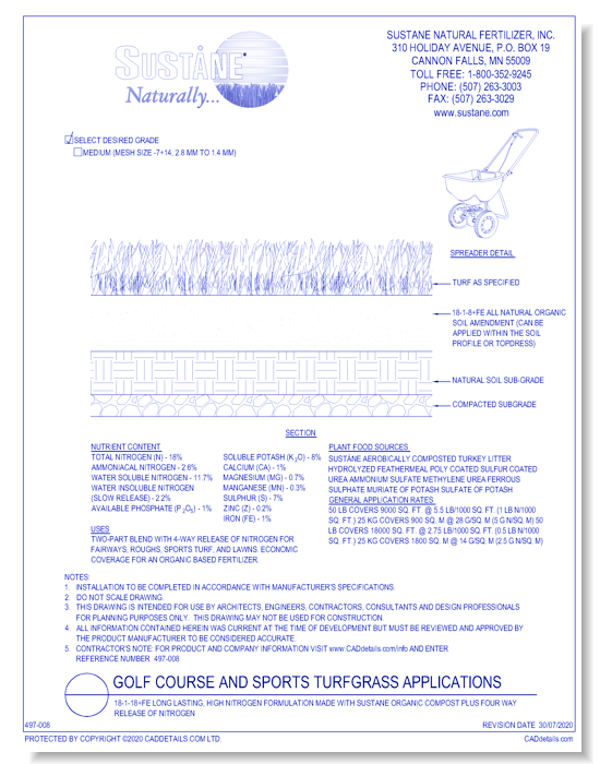 18-1-8 +Fe: long lasting, high nitrogen formulation made with Sustane organic compost plus four way release of nitrogen.