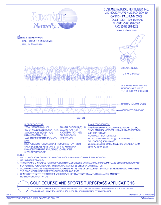 15-3-9: homogeneous slow release nitrogen turfgrass fertilizer made with Suståne organic compost and UMAXX stabilized N for cool season turf fertility maintenance