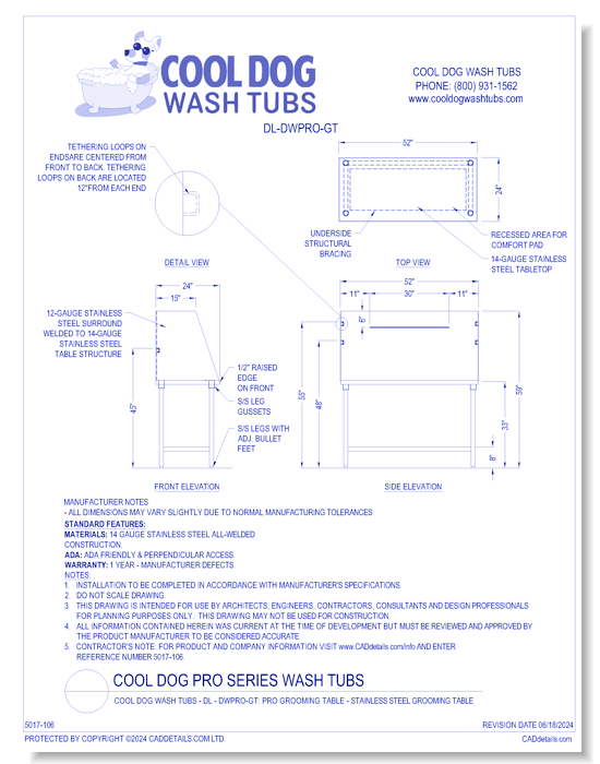 Cool Dog Wash Tubs - DL-DWPRO-GT: Pro Grooming Table - Stainless Steel Grooming Table