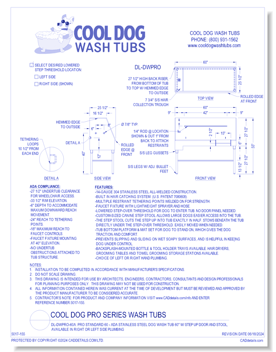 Cool Dog Wash Tubs - DL-DWPRO-60A: Pro Standard 60 - ADA Stainless Steel Dog Wash Tub 60" w/ Step Up Door and Stool, available in Right or Left Side Plumbing