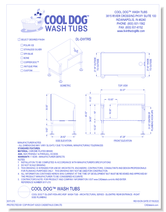 Cool Dog™ DL-DWT-FEN-ARC-RSP: Wash Tub - Architectural Series - Front Entrance, RIGHT Side Plumbing