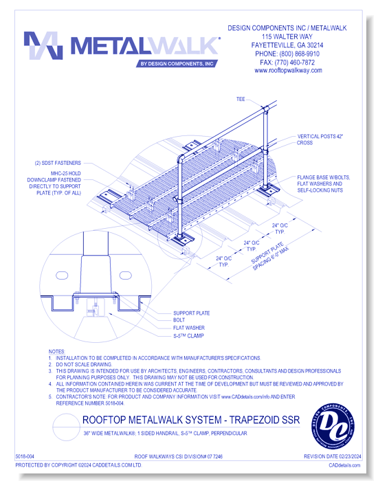 36" Wide Metalwalk®, 1 Sided Handrail, S-5™ Clamp, Perpendicular