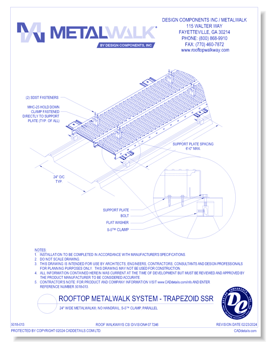 24" Wide Metalwalk®, No Handrail, S-5™ Clamp, Parallel