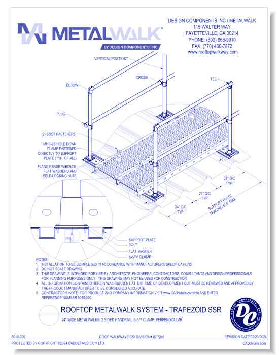 24" Wide Metalwalk®, 2 Sided Handrail, S-5™ Clamp, Perpendicular