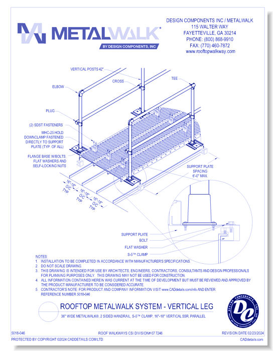 36" Wide Metalwalk®, 2 Sided Handrail, S-5™ Clamp, 16" - 18" Vertical SSR, Parallel