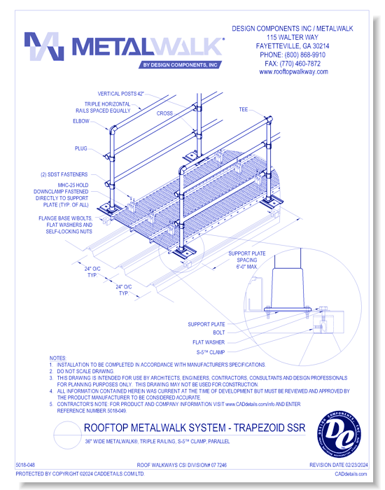 36" Wide Metalwalk®, Triple Railing, S-5™ Clamp, Parallel