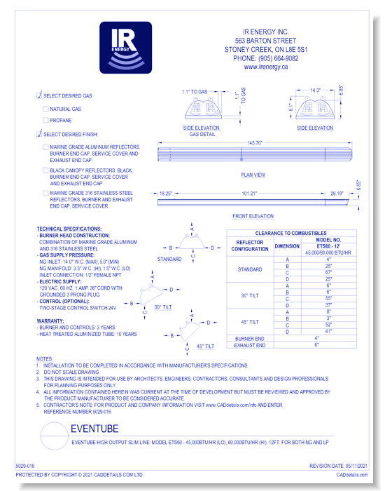 evenTUBE High Output Slim Line: Model ETS60 - 45,000btu/hr (Lo), 60,000btu/hr (Hi), 12ft. For Both NG and LP