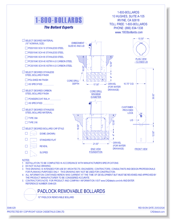 10" Padlock Removable Bollard - PL Cutsheet Size A Form