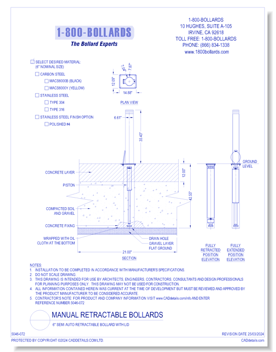 6'' Semi Automatic Retractable Bollard with Lid