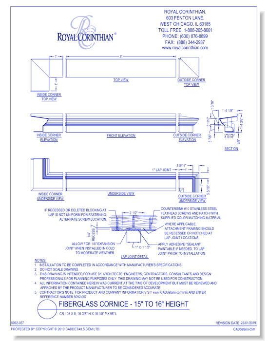 Fiberglass Cornice: CR 108x8, 16-3/8" H x 16-1/8" P x 96" L
