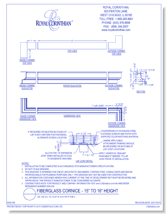 Fiberglass Cornice: CR 109x8, 16-13/16" H x 9-7/16" P x 96" L