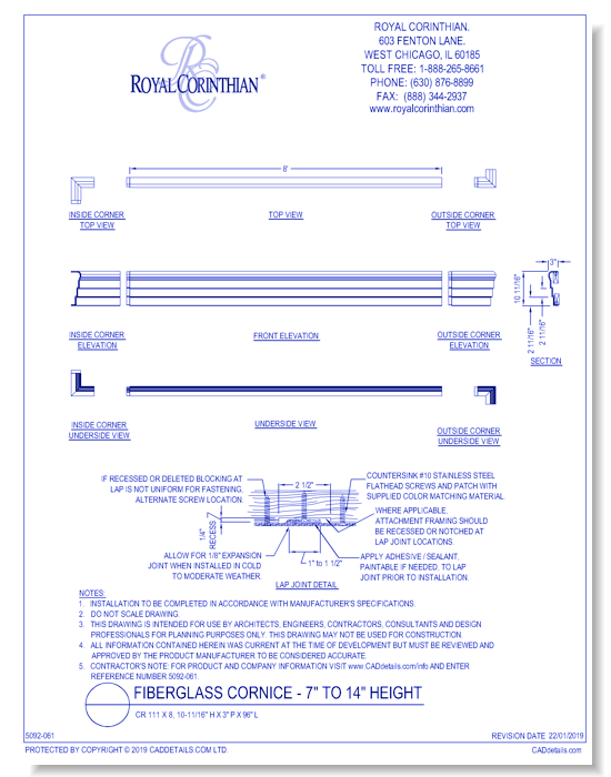 Fiberglass Cornice: CR 111x8, 10-11/16" H x 3" P x 96" L