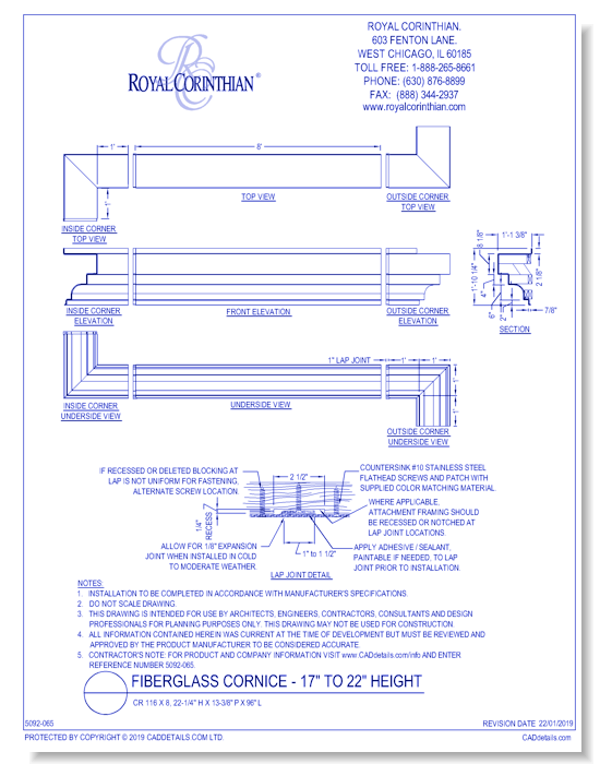 Fiberglass Cornice: CR 116x8, 22-1/4" H x 13-3/8" P x 96" L