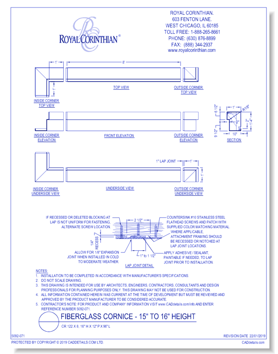 Fiberglass Cornice: CR 122x8, 16" H x 12" P x 96" L