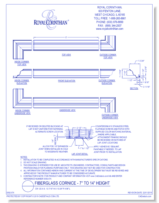 Fiberglass Cornice: CR 125x8, 13-7/16" H x 15-3/4" P x 96" L