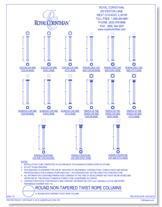6 Inch Round Non-Tapered Twist Rope Fiberglass Column