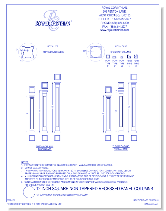 12 Inch Square Non-Tapered Recessed Panel Fiberglass Column