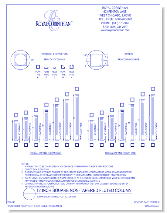 12 Inch Square Non-Tapered Fluted Fiberglass Column