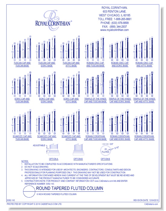 8 Inch Round Tapered Fluted Fiberglass Column
