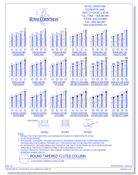 12 Inch Round Tapered Fluted Fiberglass Column