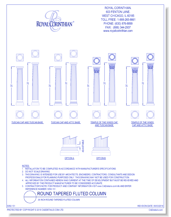 36 Inch Round Tapered Fluted Fiberglass Column