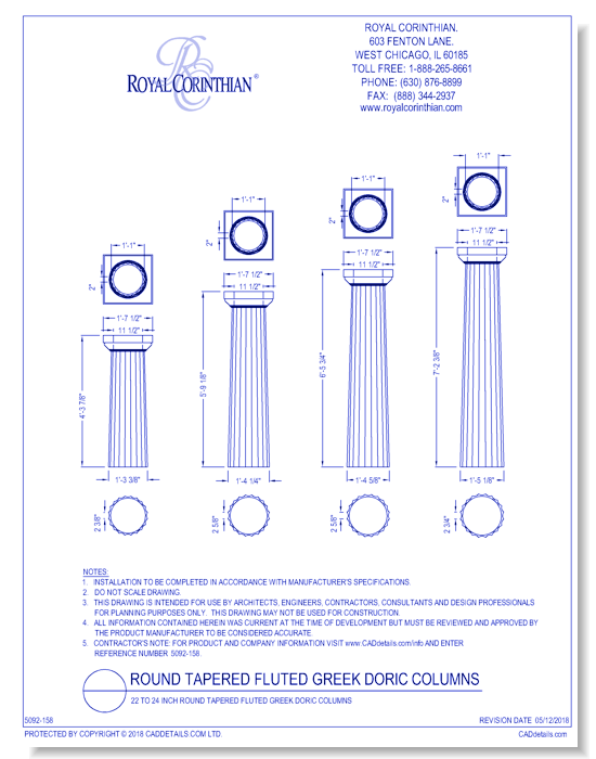 22 to 24 Inch Round Tapered Fluted Greek Doric Fiberglass Column