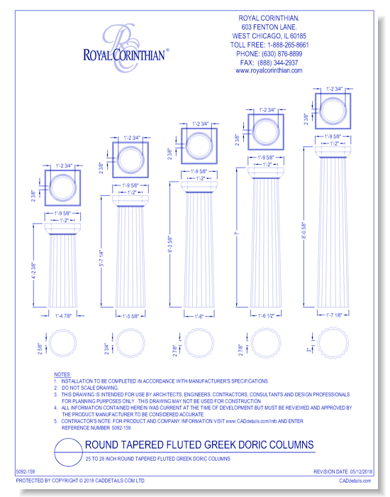 25 to 28 Inch Round Tapered Fluted Greek Doric Fiberglass Column