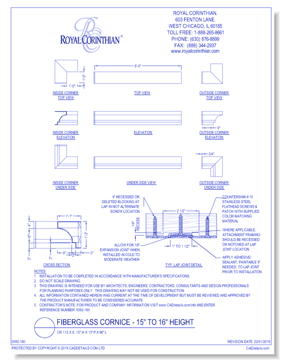 Fiberglass Cornice: CR 112x8, 15" H x 13" P x 96" L