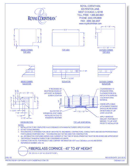 Fiberglass Cornice: CR 129x8, 41-3/4" H x 35-9/16" P x 96" L