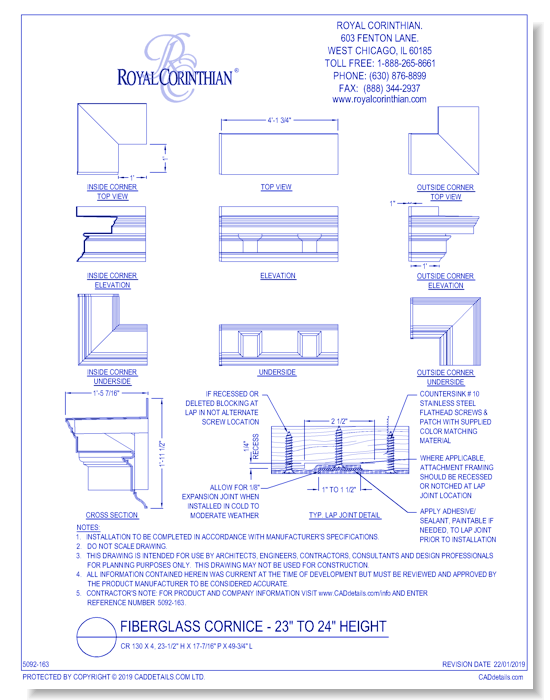 Fiberglass Cornice: CR 130x4, 23-1/2" H x 17-7/16" P x 49-3/4" L